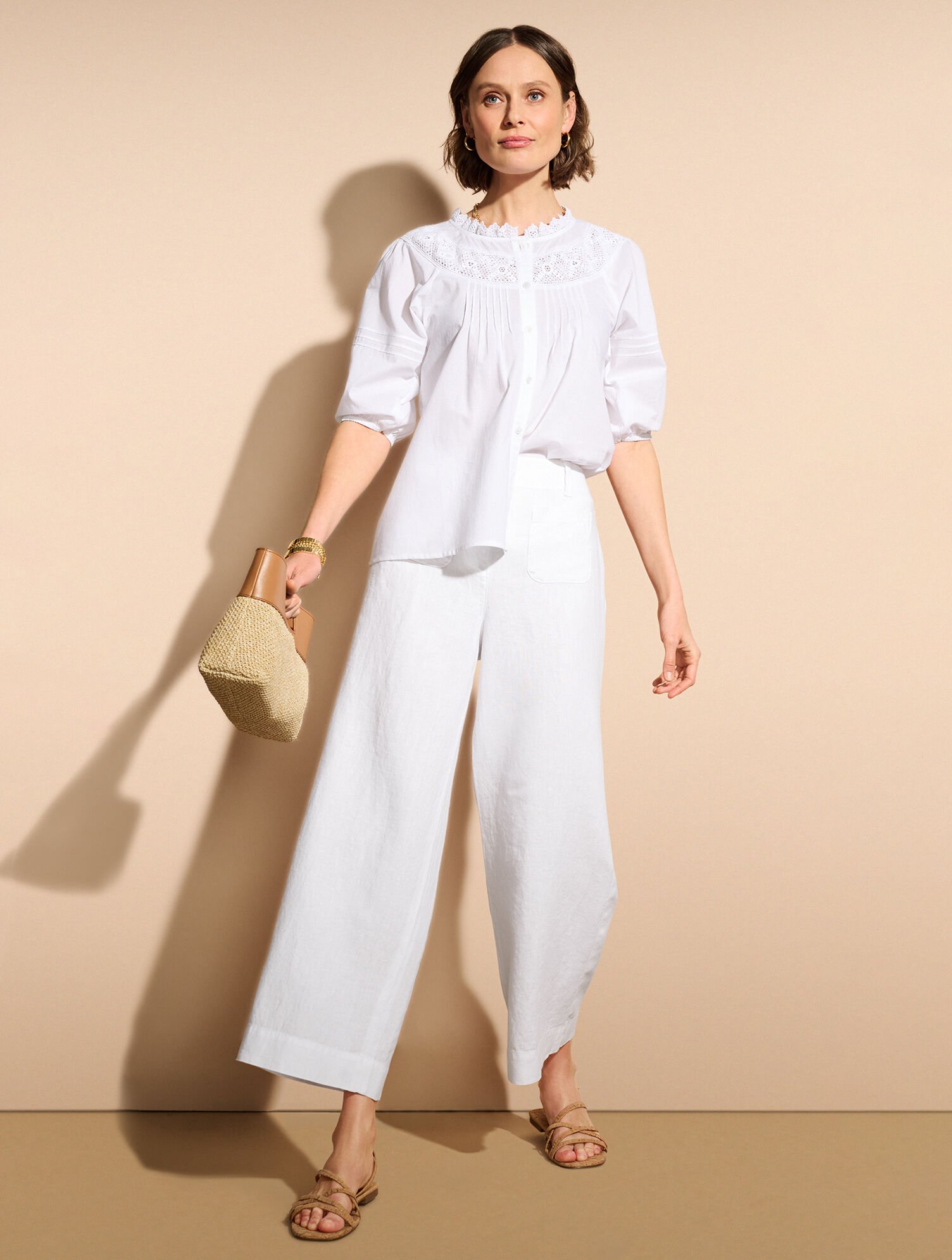 Lace Trim Button Front Voile  Top