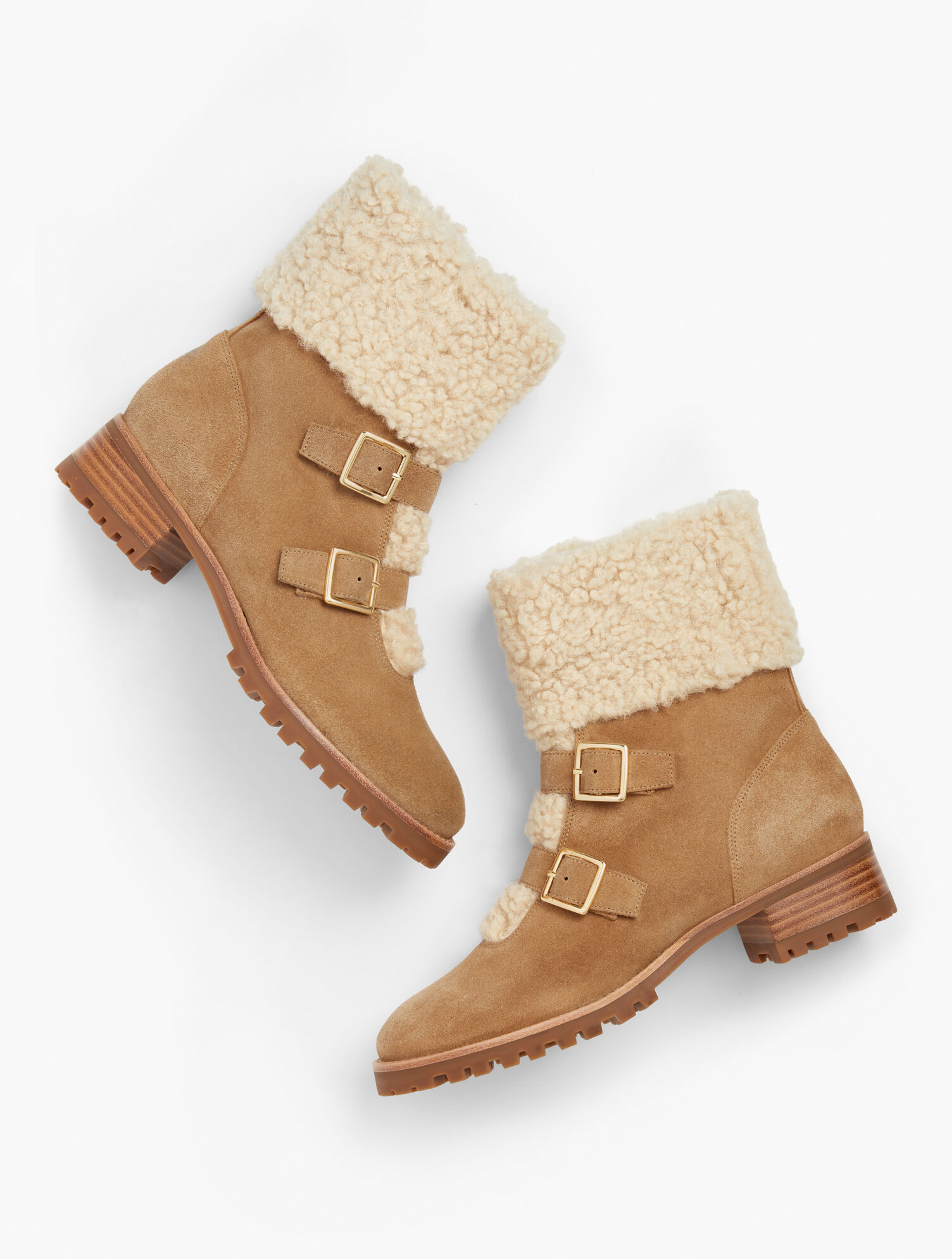 Tish Buckle Faux Sherpa Trim Suede Ankle Boots | Talbots