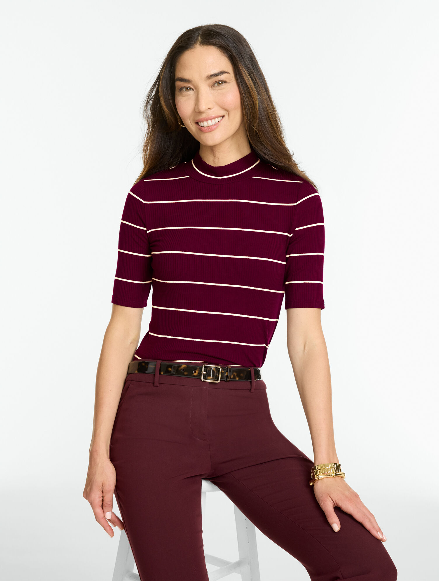Ribbed Elbow Sleeve Mockneck Top - Linda Stripe