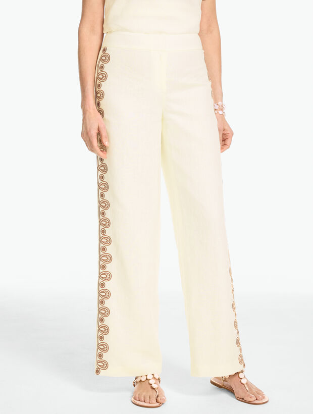 Embroidered Linen Wide Leg Pants