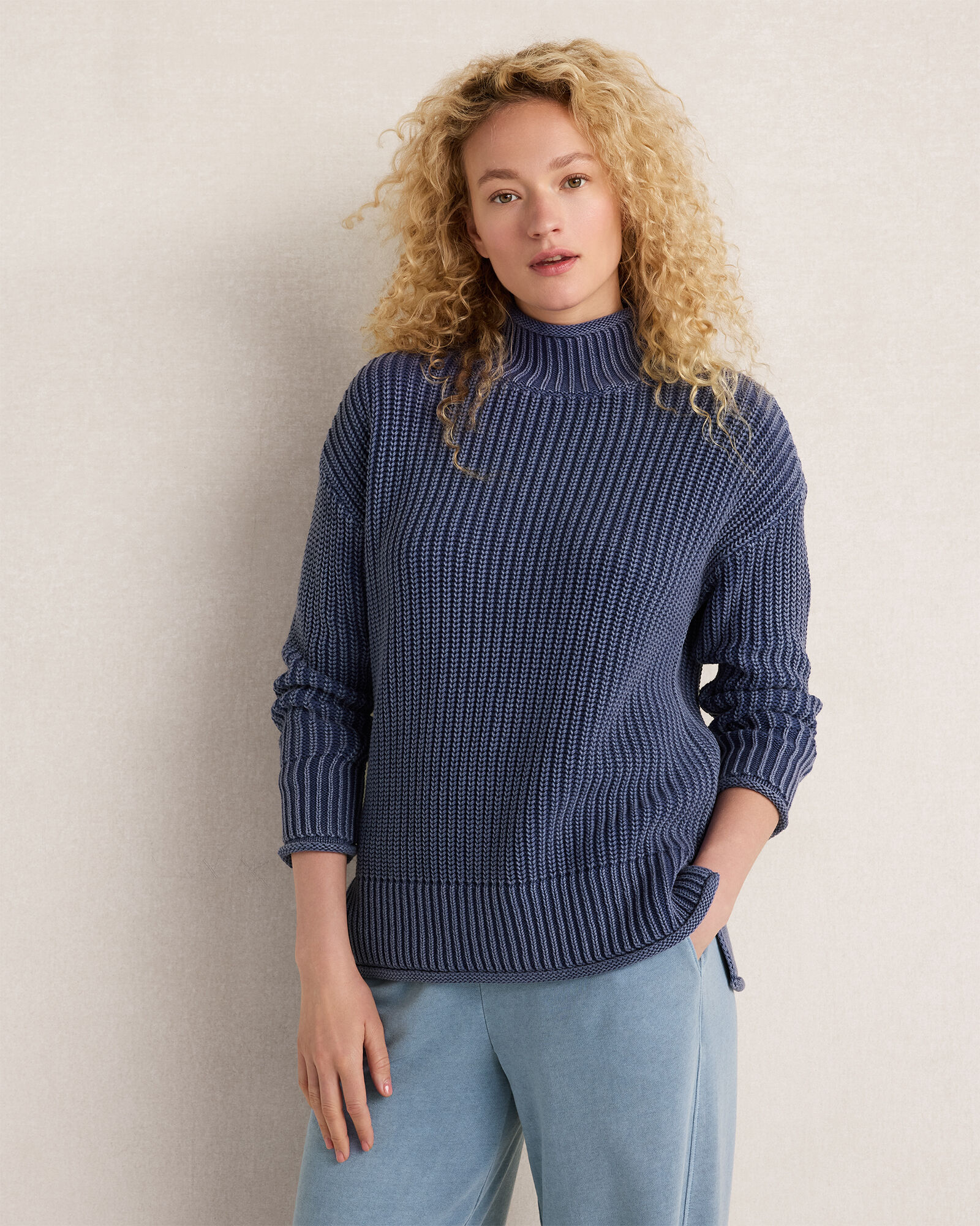 Garment-Dyed Organic Cotton Shaker Stitch Roll Neck Sweater