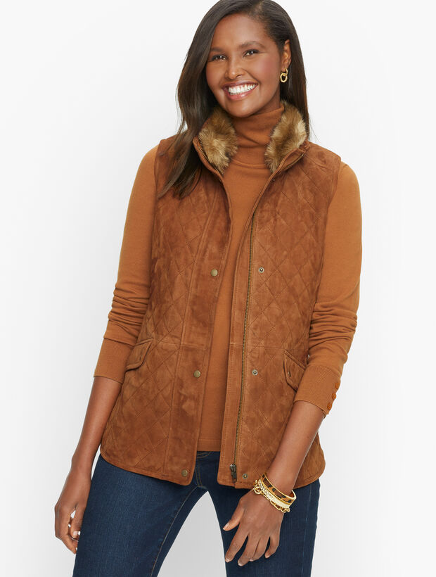Faux Fur Collar Quilted Suede Vest Talbots
