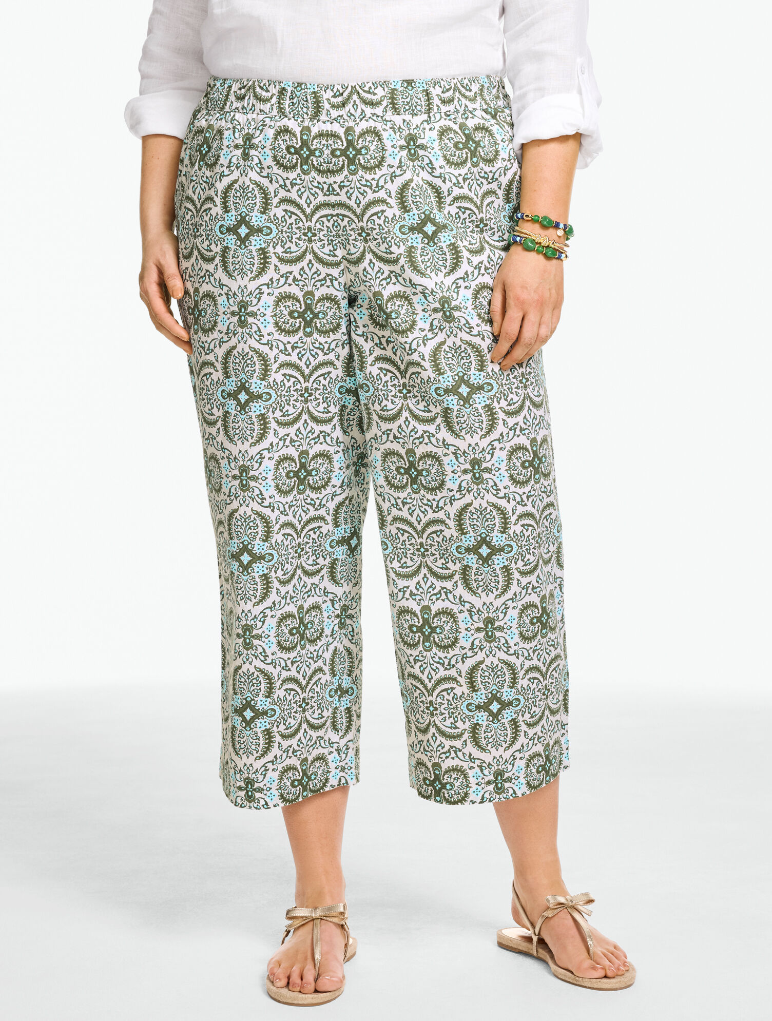 Washed Linen Wide Crop Pull-On Pants - Royal Medallion