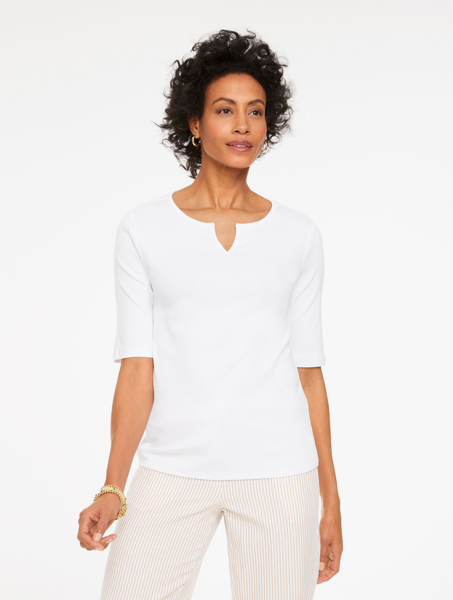 Elbow Sleeve Split Neck Tee
