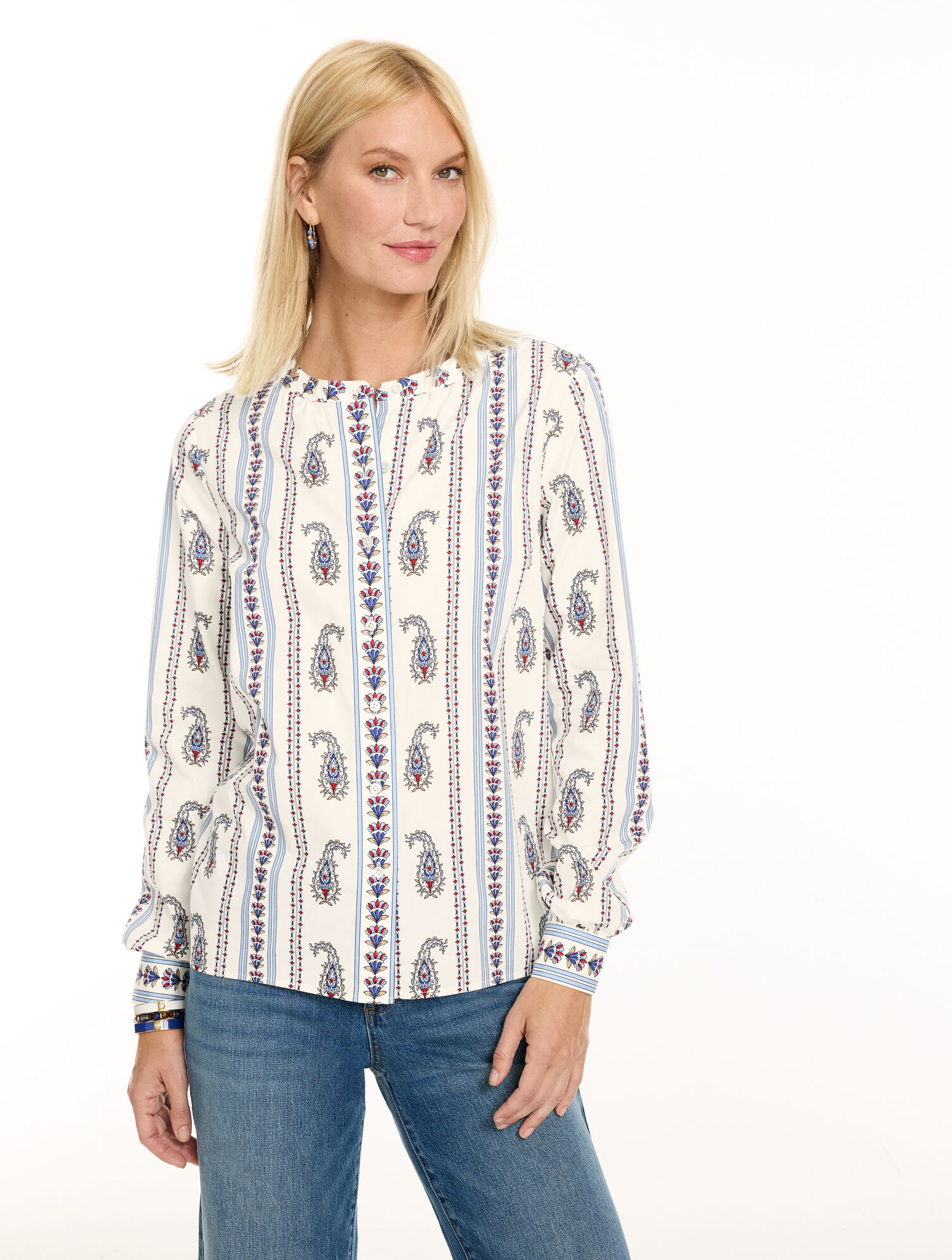 Band Collar Button Front Top - Divine Paisley