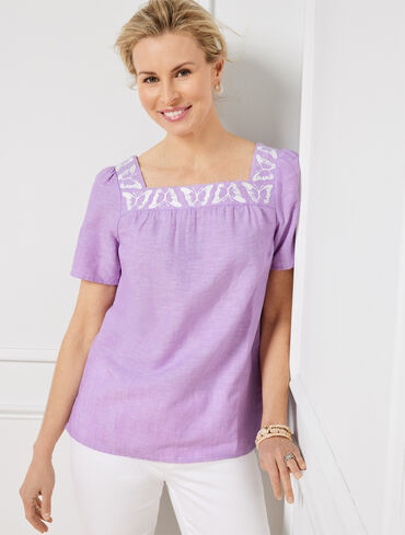 Butterfly Embroidered Linen Cotton Square Neck Top - Cross Dye