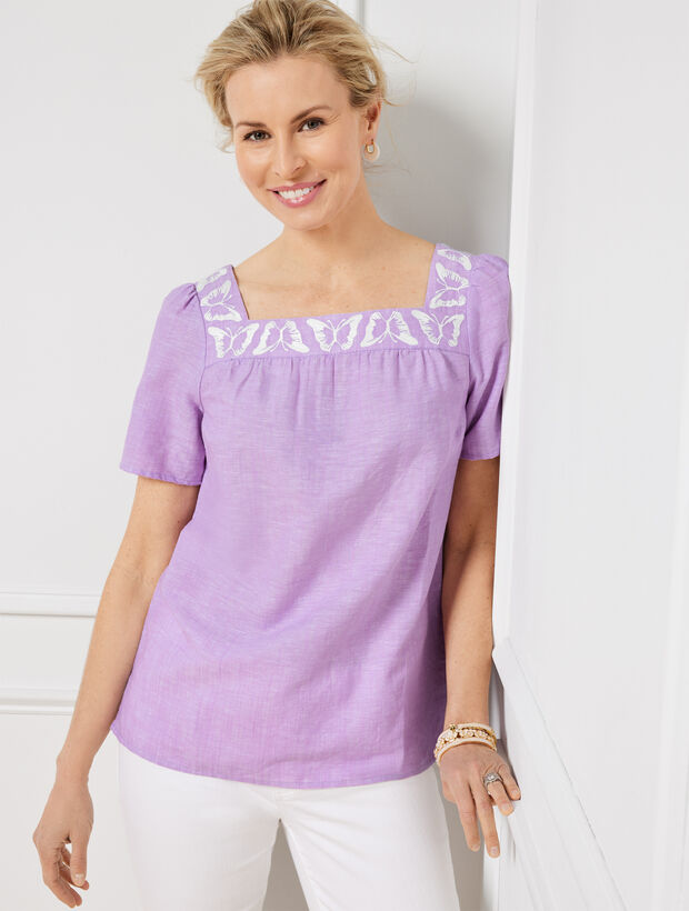 Butterfly Embroidered Linen Cotton Square Neck Top