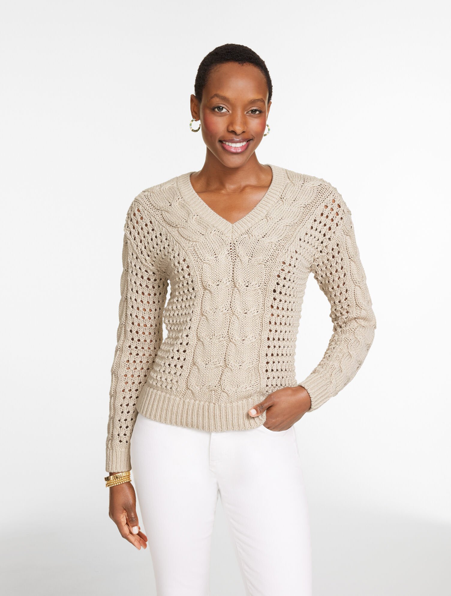 Open Stitch Cable V-Neck Pullover