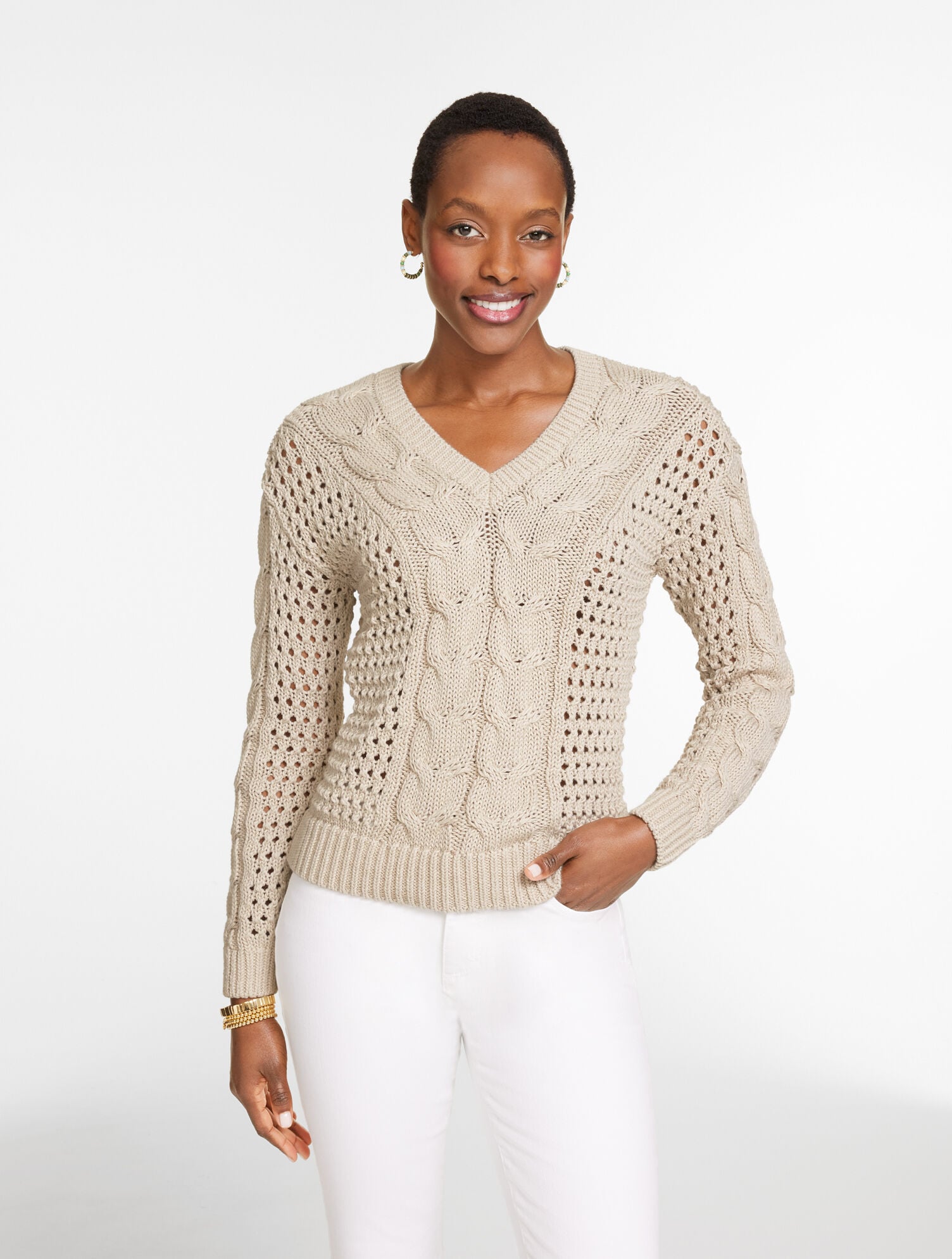 Open Stitch Cable V-Neck Pullover | Talbots