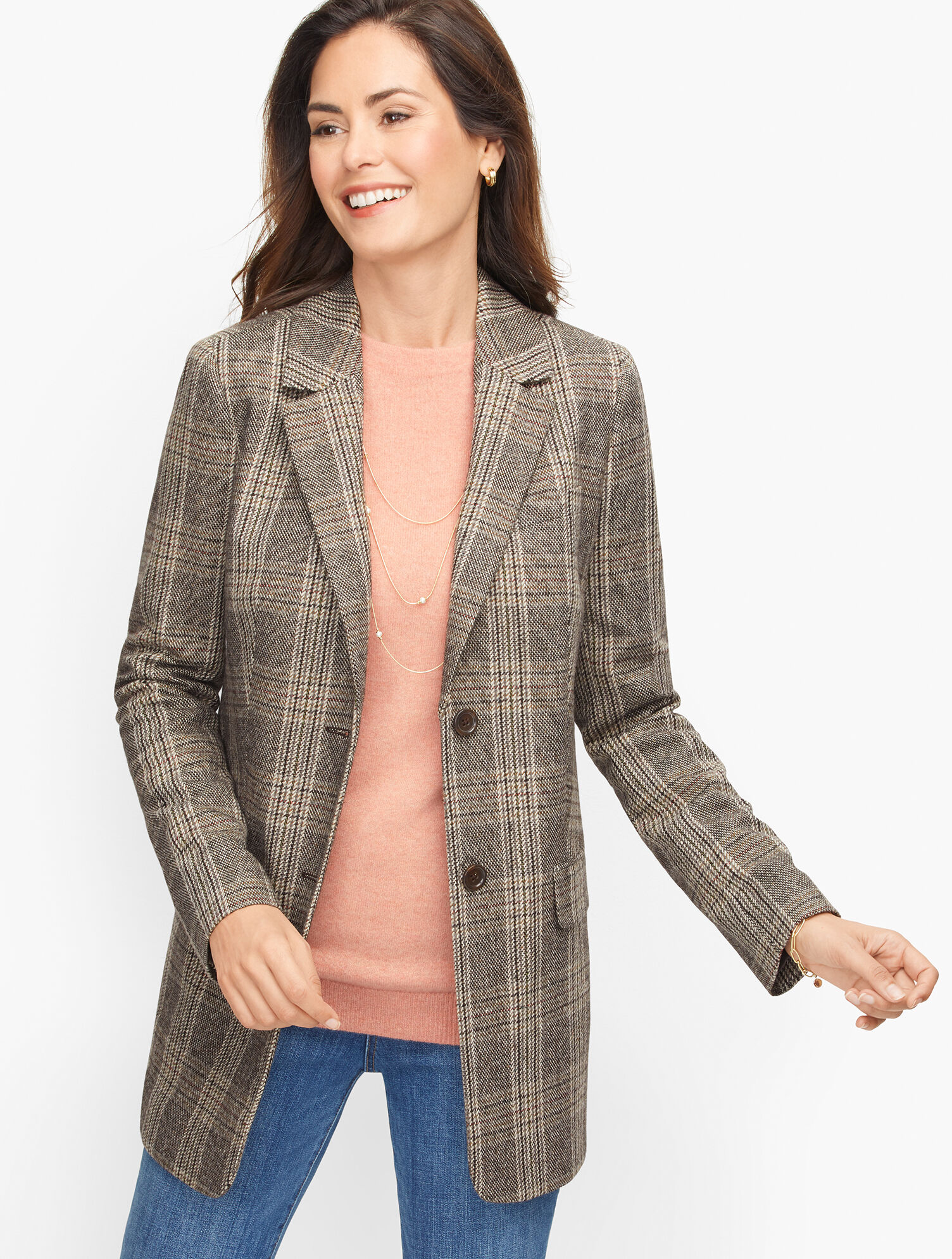 Long Wool Blend Blazer - Glen Plaid