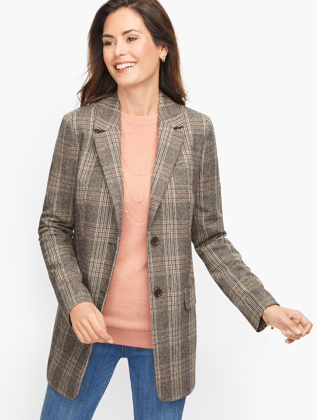 Long Wool Blend Blazer - Glen Plaid