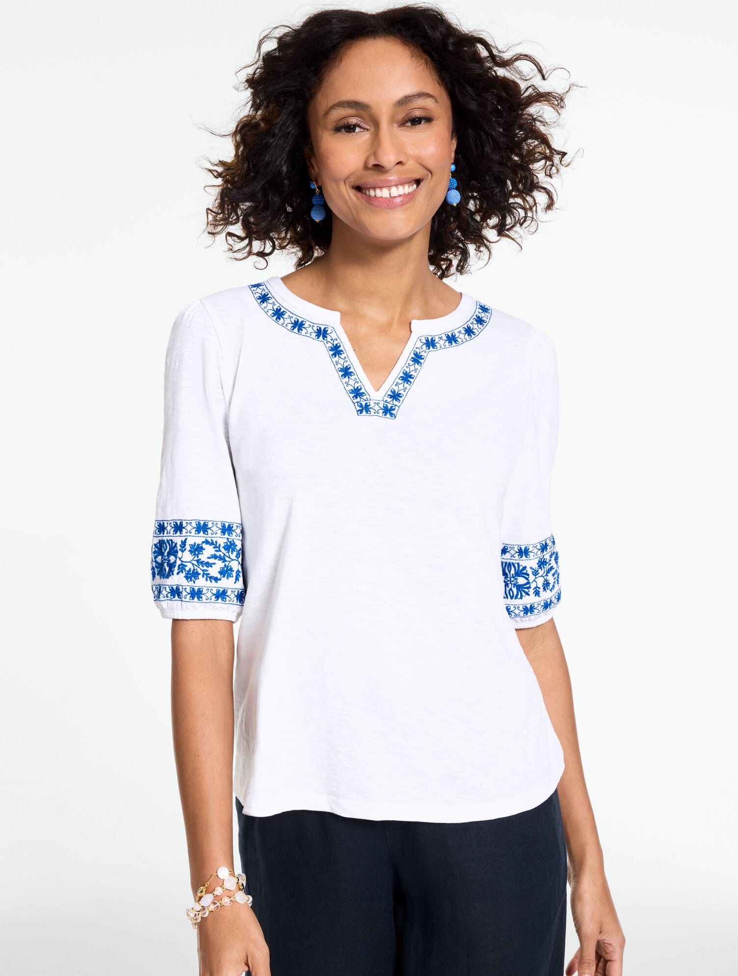 Embroidered Split Neck Top