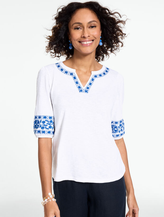 Embroidered Split Neck Top