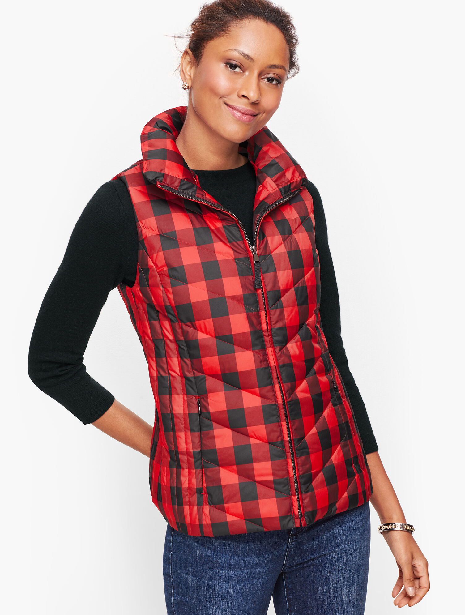 Down Faux Fur Collar Puffer Vest - Buffalo Plaid