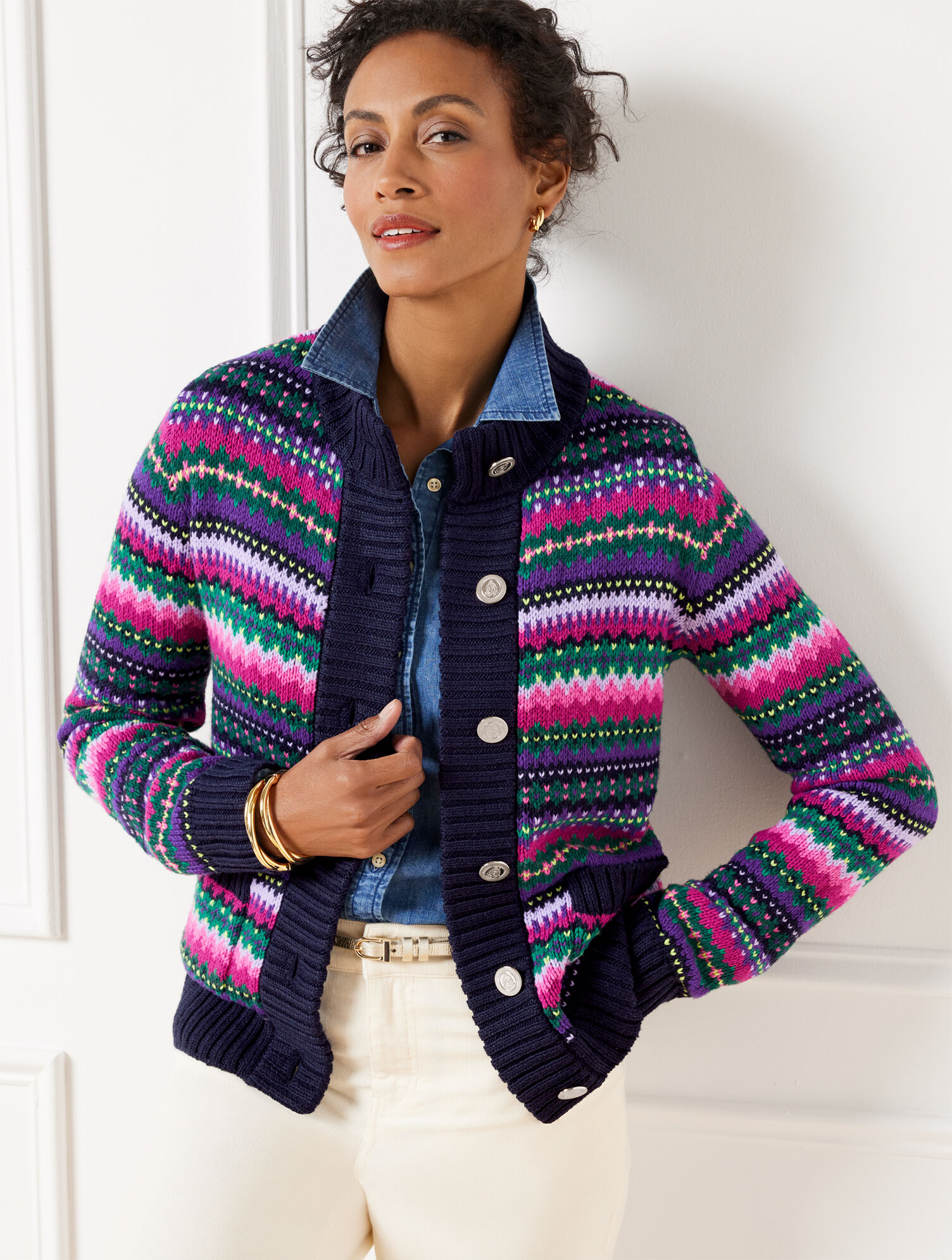 Mockneck Sweater Jacket - Cadet Fair Isle | Talbots