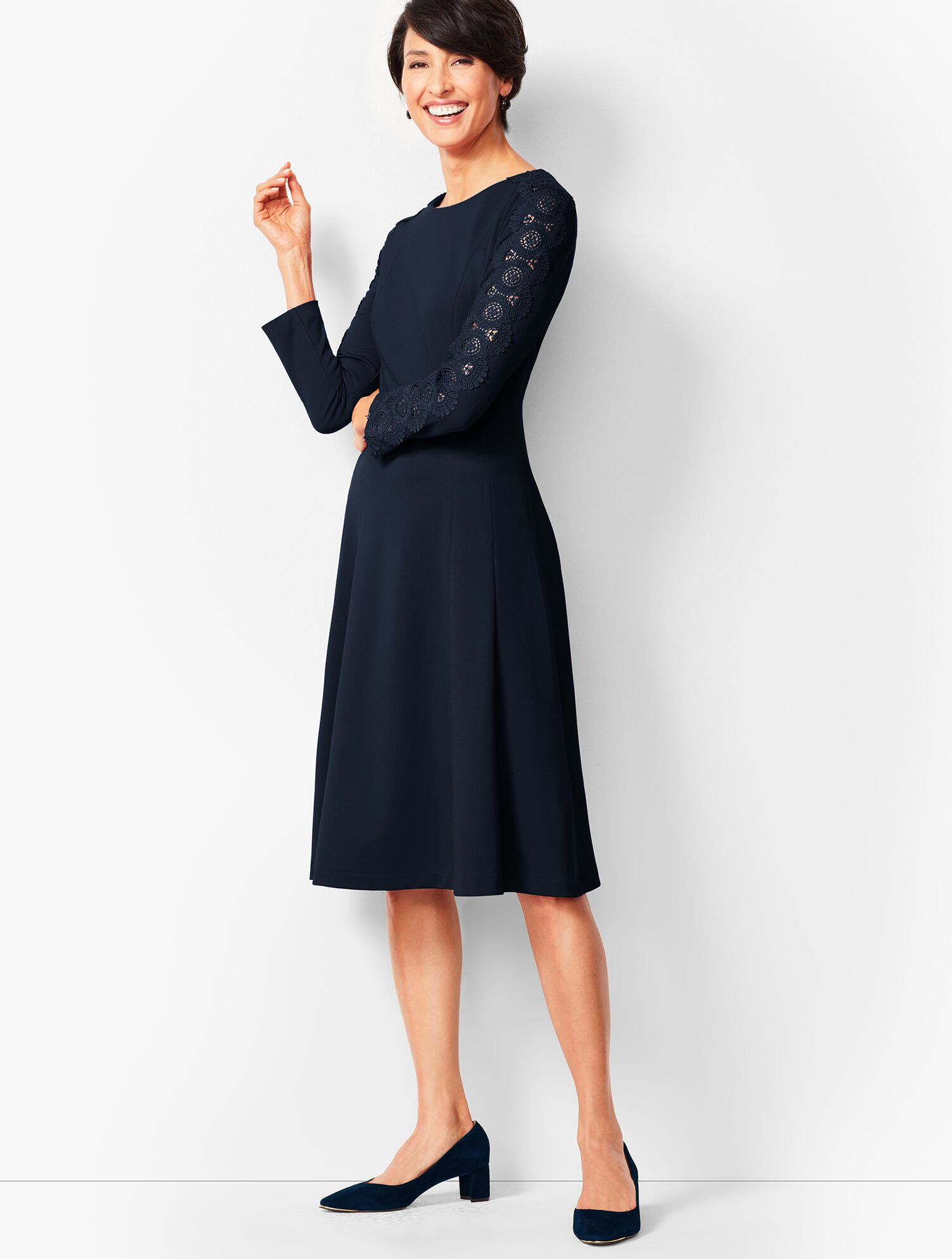 Lace Sleeve Ponte Fit &amp; Flare Dress