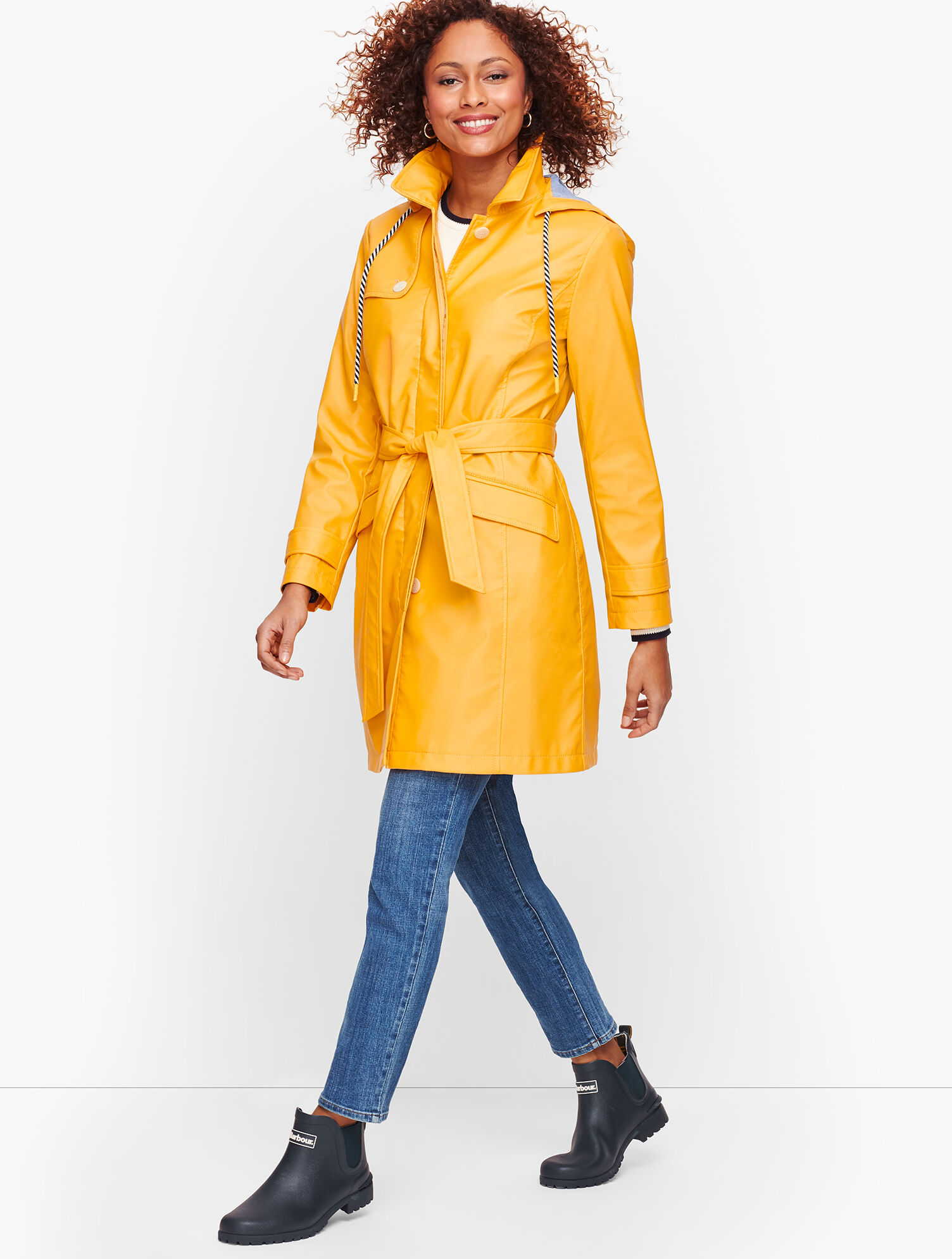 Umbrella Ladies Mustard Raincoat Long Hooded Trench Coat Talbots