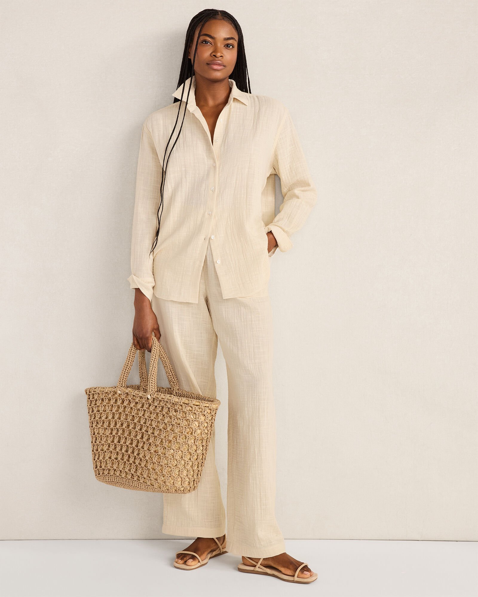 Textured Cotton Gauze Pants