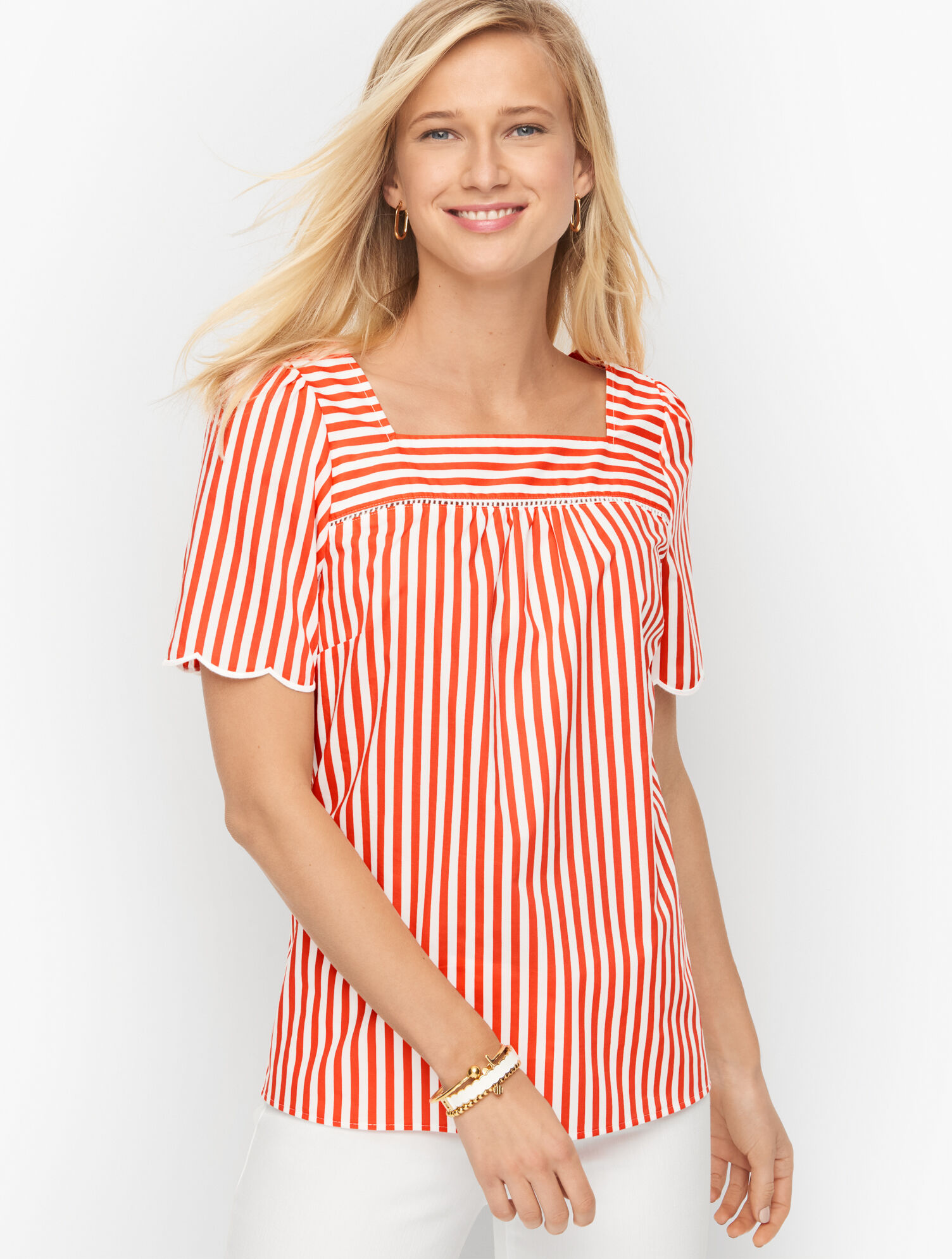 Sailboat Stripe Scalloped Square Neck Top