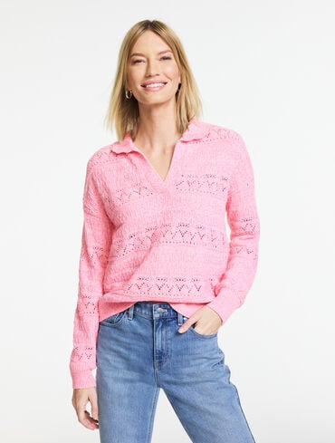 Pointelle Johnny Collar Sweater - Marl