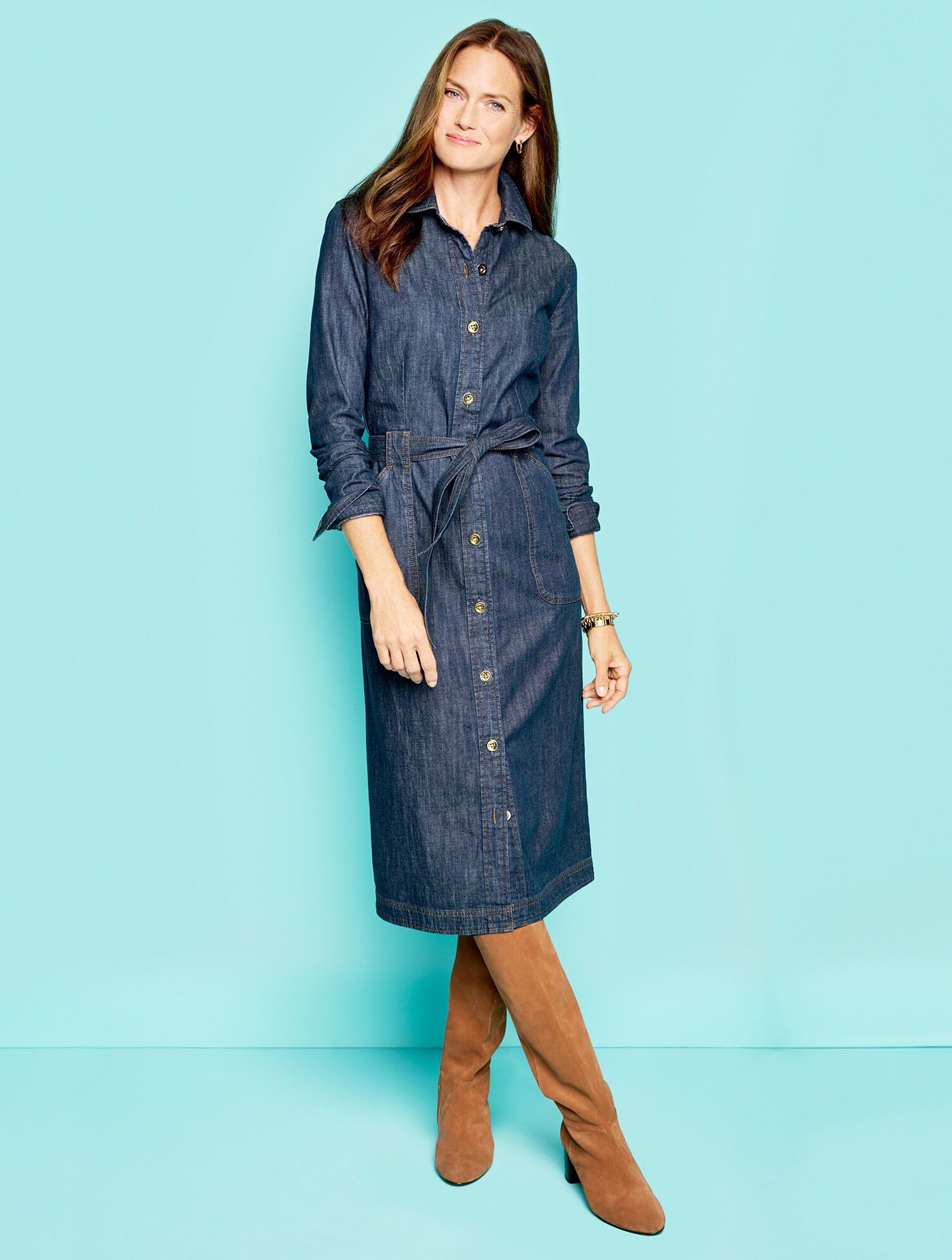 Denim Tie Waist Midi Shirtdress Midnight Wash Talbots
