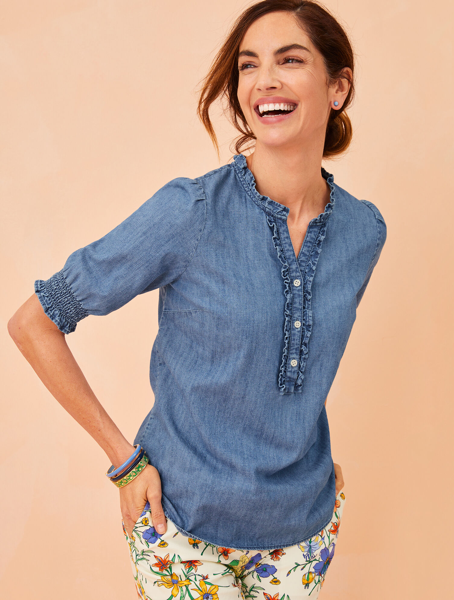 Ruffle Trim Denim Top