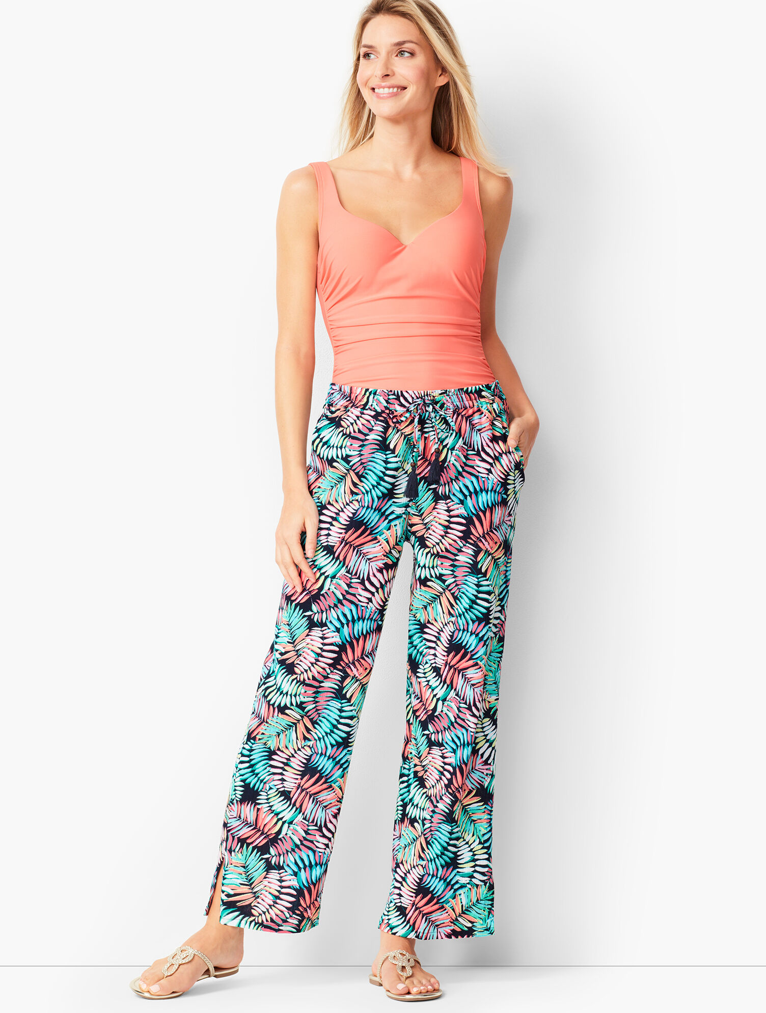 CrinkleCotton Beach Pants Breezy Palm Print Talbots