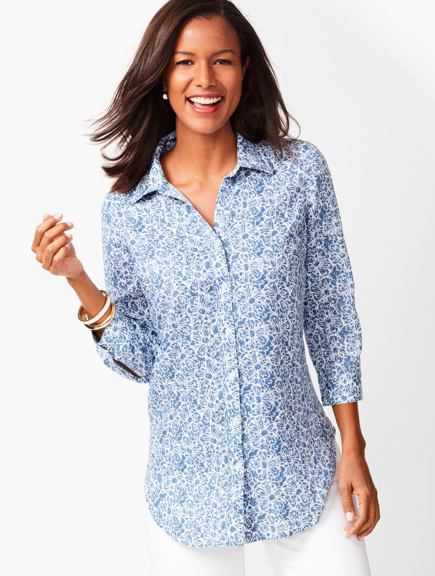 Button-Back Linen Tunic - Batik Floral