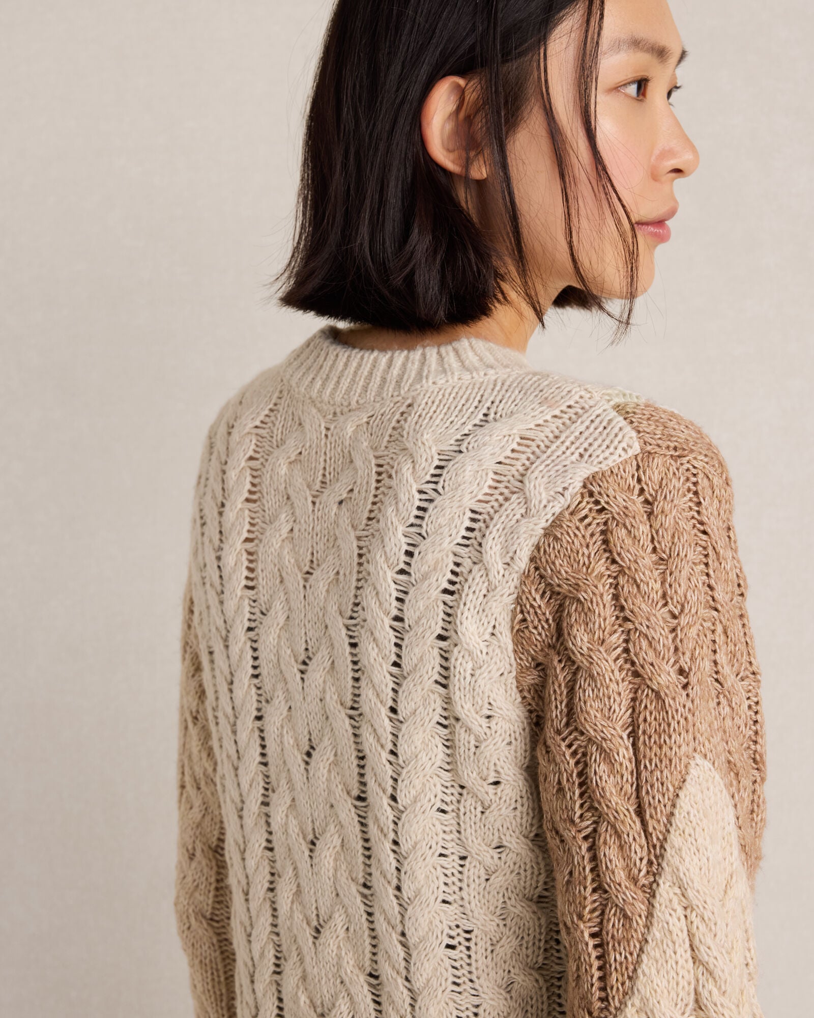 Cotton Blend Patchwork Cableknit Sweater