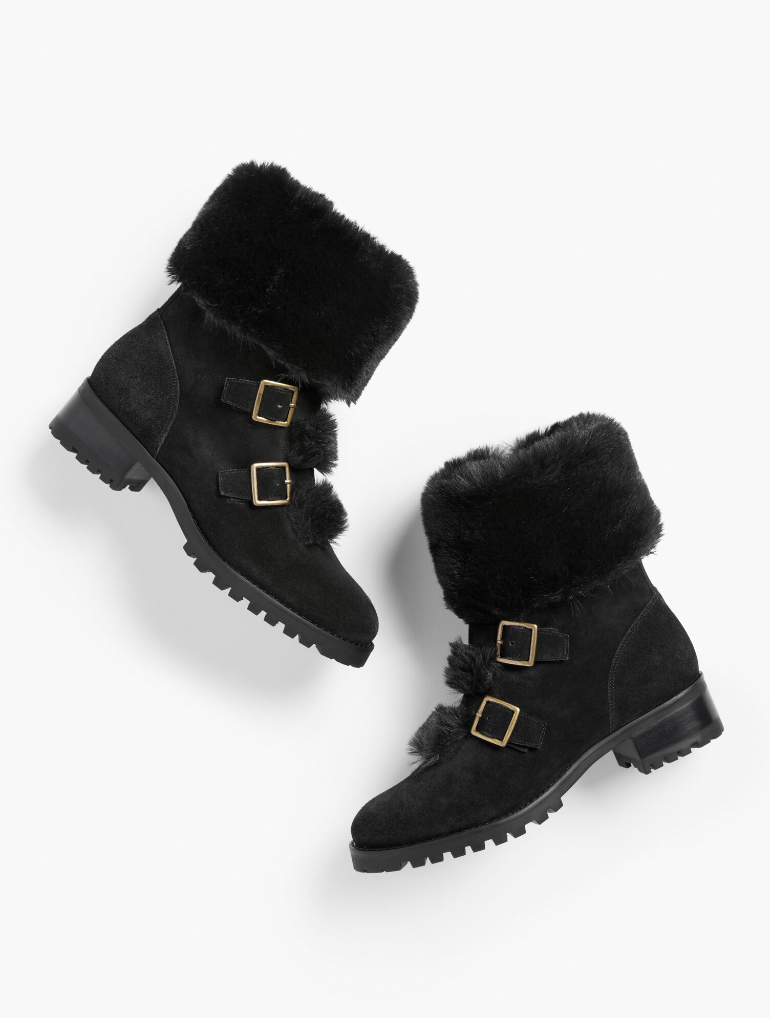 Talbots Ankle Boots With Fold Over Cuffs Tish Buckle Faux Fur Trim