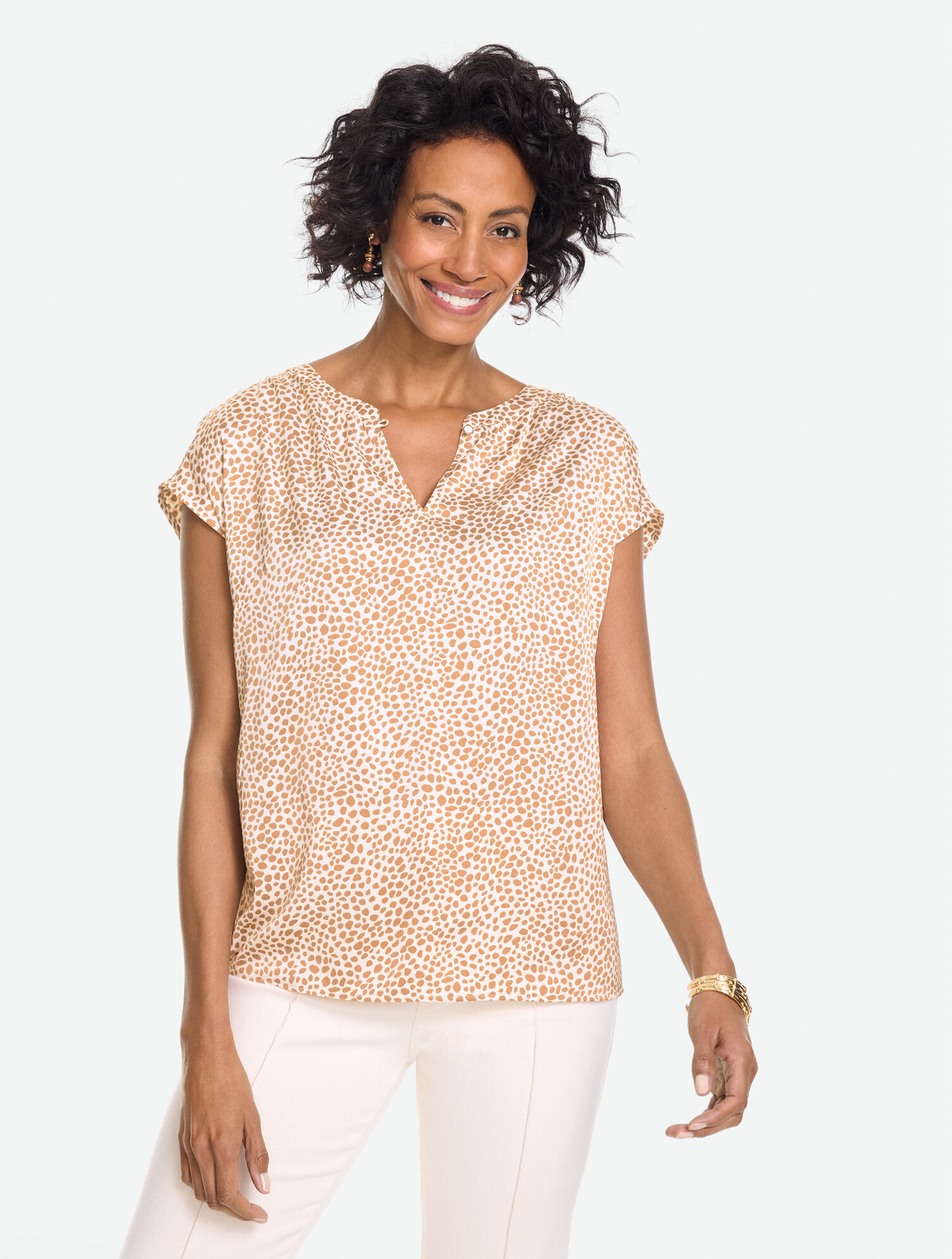 Soft Satin Charmeuse Split Neck Top - Mini Leopard