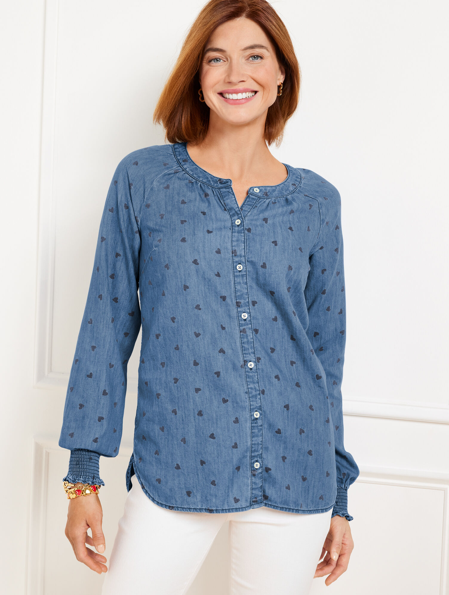 Talbots Ruffle Top Denim Ruffle Top - Spring Hearts | Talbots