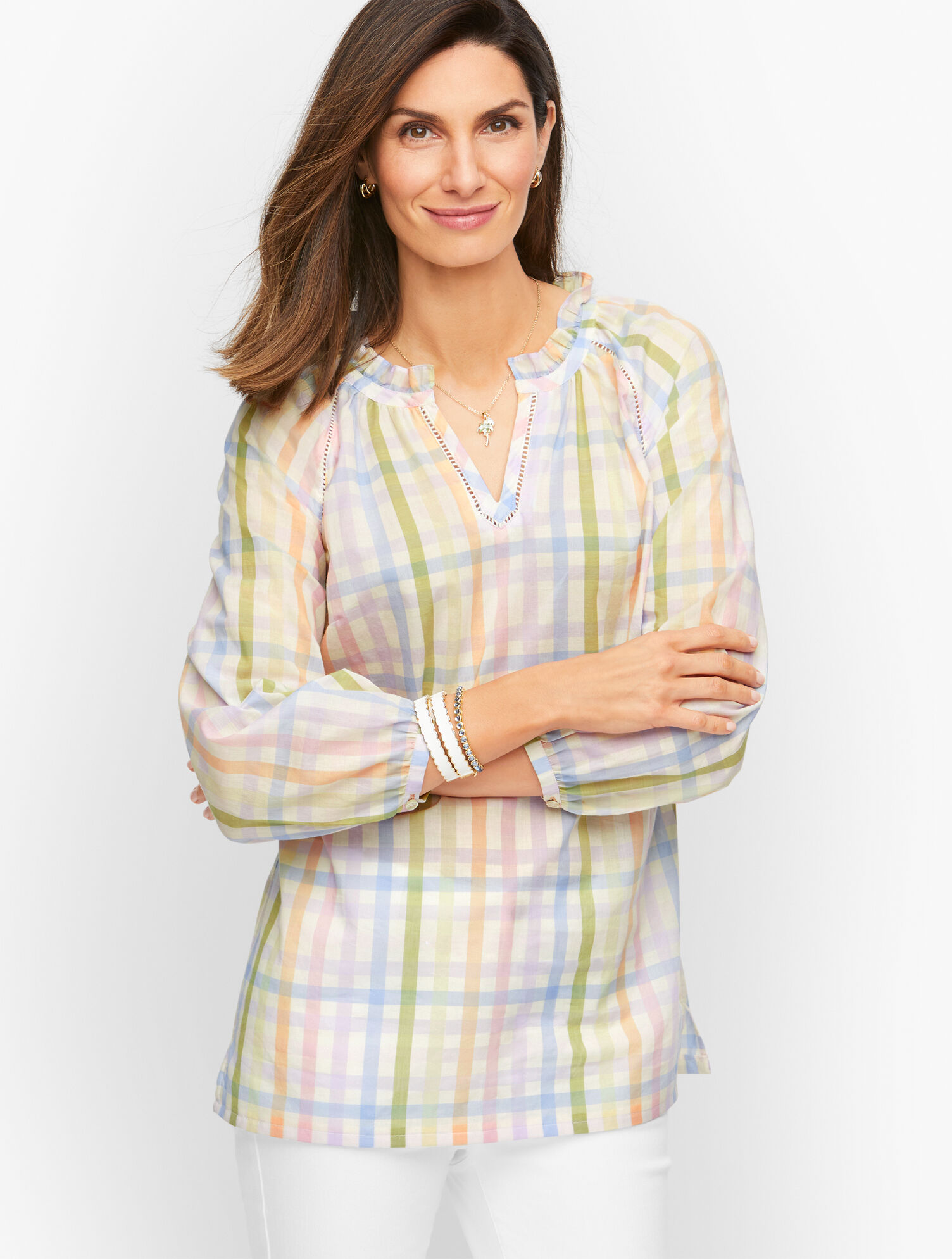 Talbots Tunic Ruffle Tunic - Rainbow Plaid | Talbots