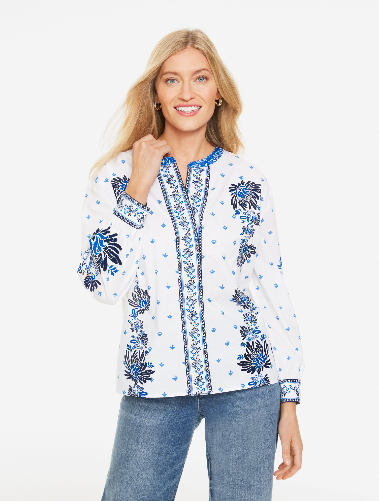 Band Collar Poplin Top - Foulard Floral
