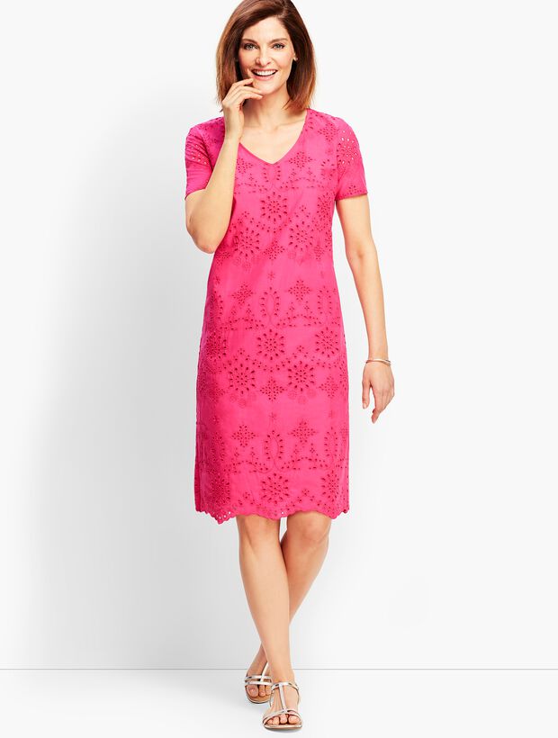 Embroidered Scallop-Hem Floral Eyelet Shift Dress | Talbots