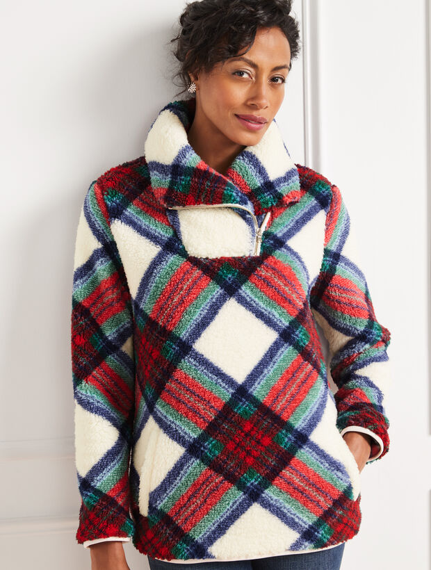 Ultra Plush Sherpa Fleece Shawl Zip Pullover - Plaid