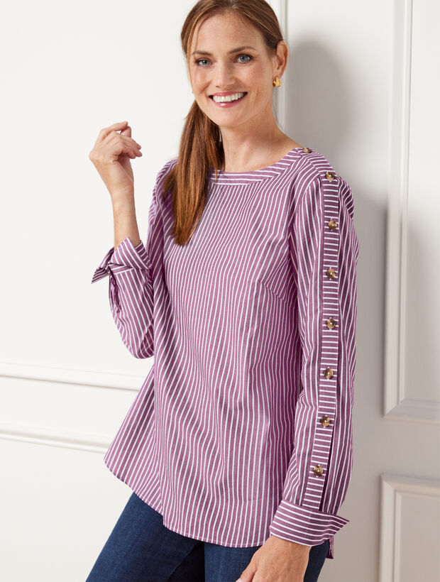 Button Sleeve Poplin Shirt - Rose Stripe | Talbots
