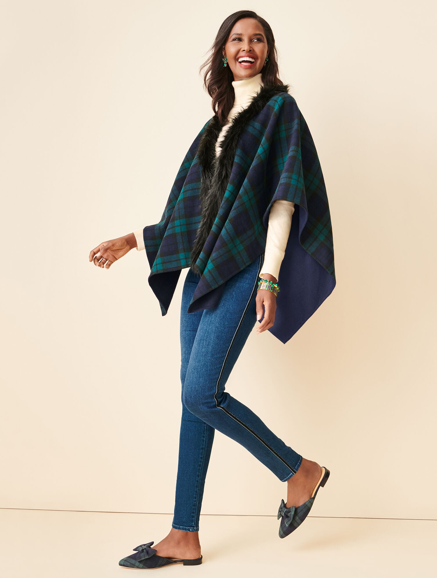 Faux Fur Trim Black Watch Plaid Ruana