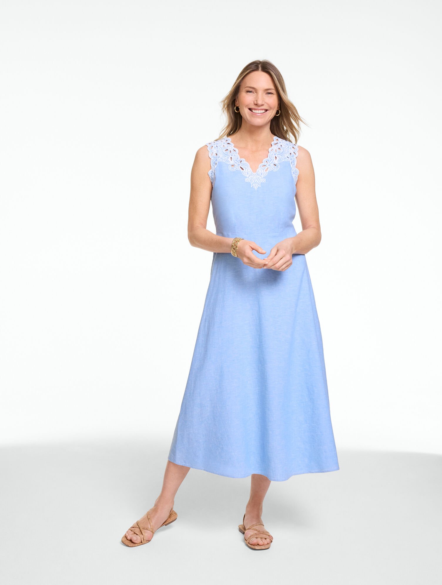 Embroidered Linen Fit &amp; Flare Dress