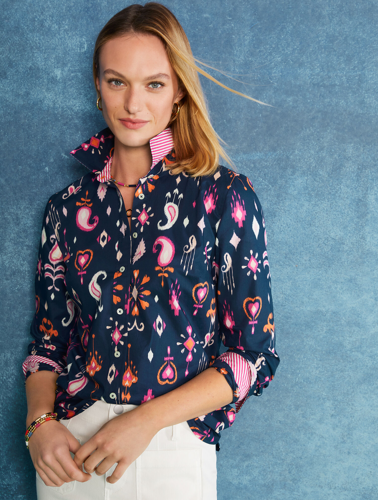 Cotton Button Front Shirt Ikat Paisley Talbots