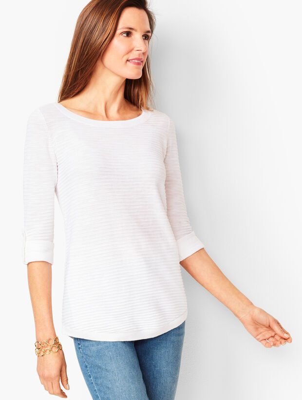 Textured Cotton Button-Tab Sweater - Solid