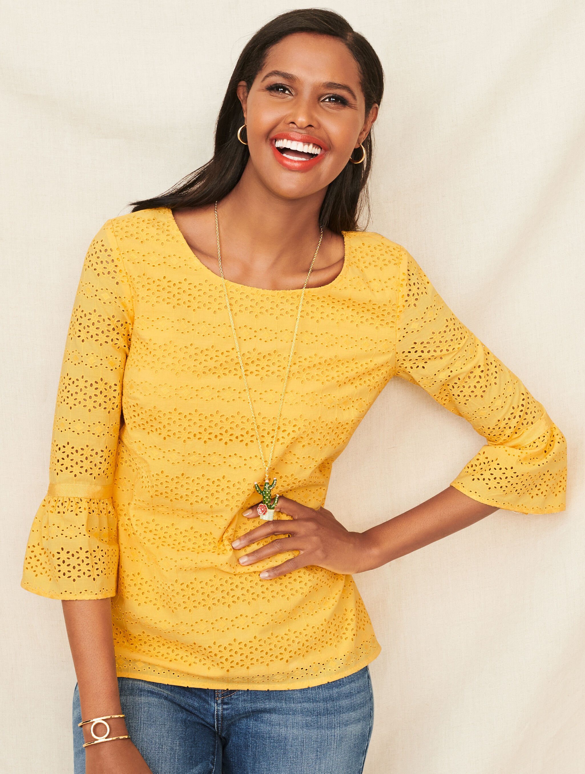 Eyelet Flounce-Sleeve Top