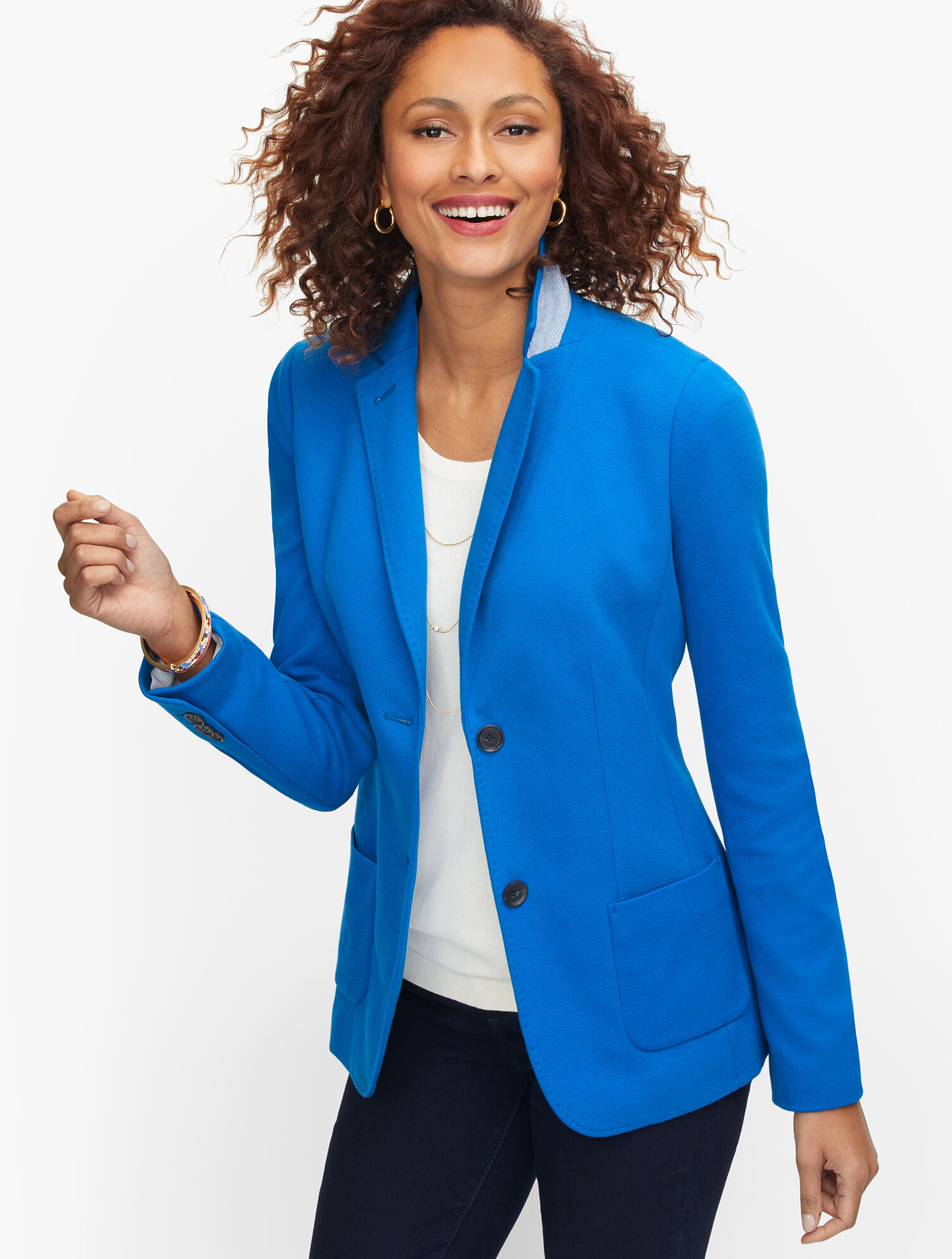 Talbots Medium Petites Blazer Womens Blue Textured Jacket Long Sleeve  Button Up