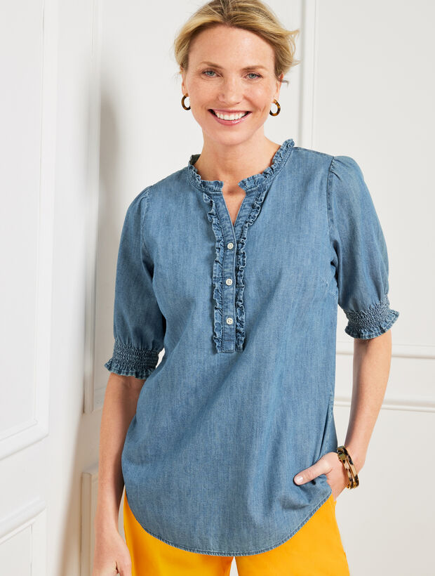 Ruffle Trim Denim Top