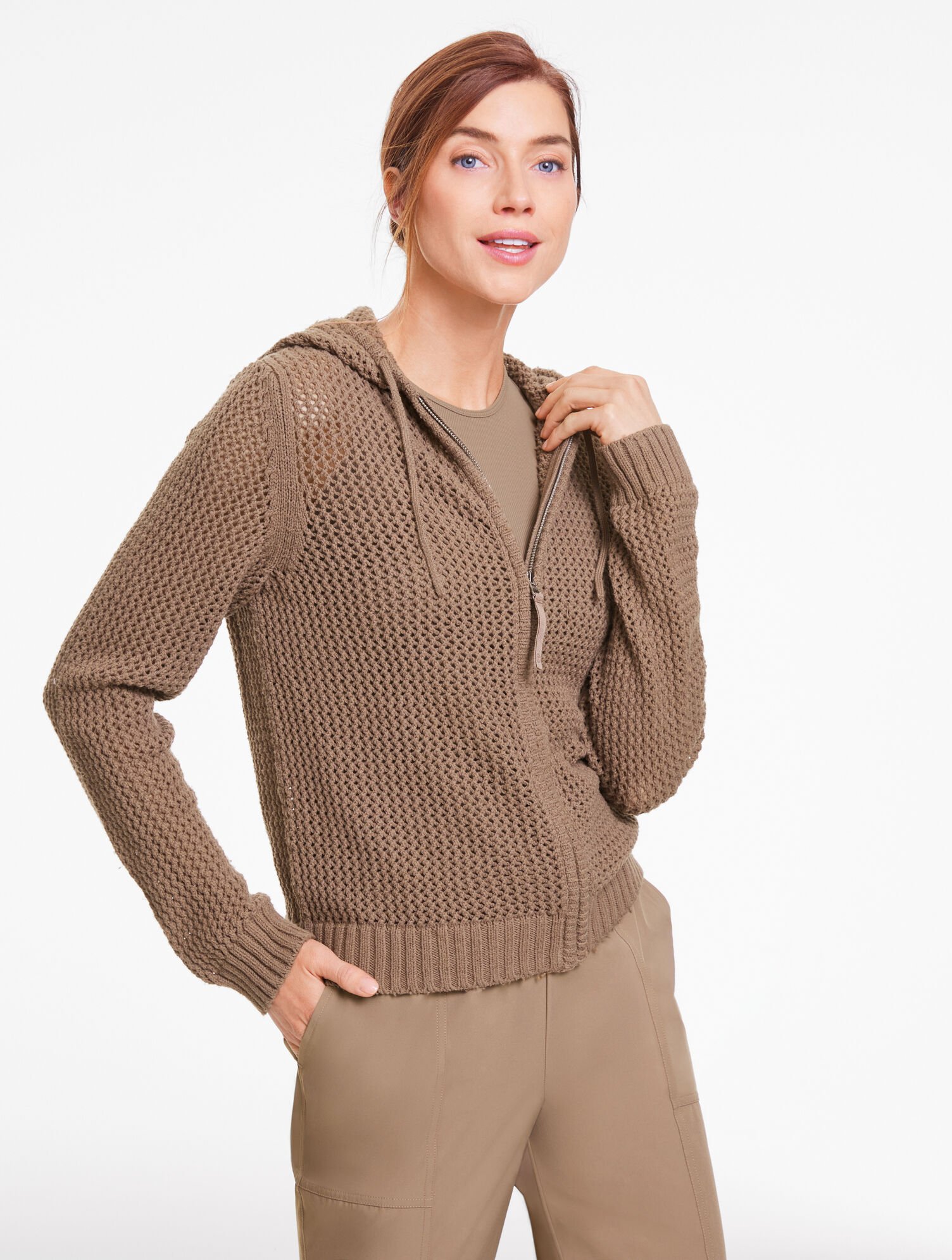 Open Stitch Full-Zip Hooded Sweater