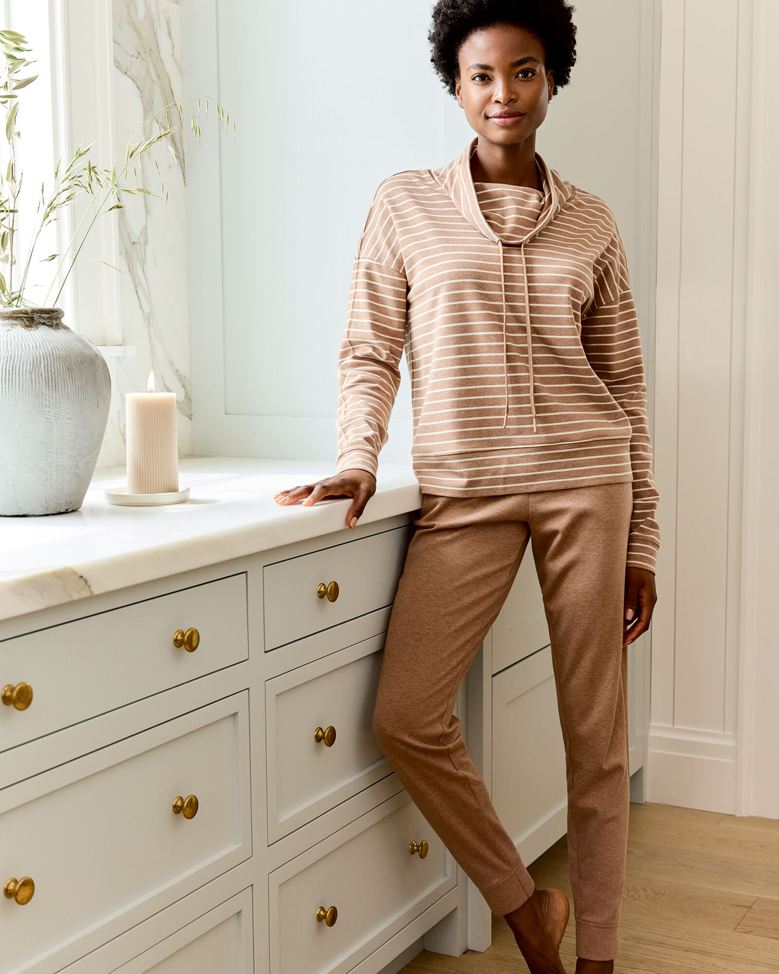 Organic Cotton Interlock Striped Funnel Neck Pullover
