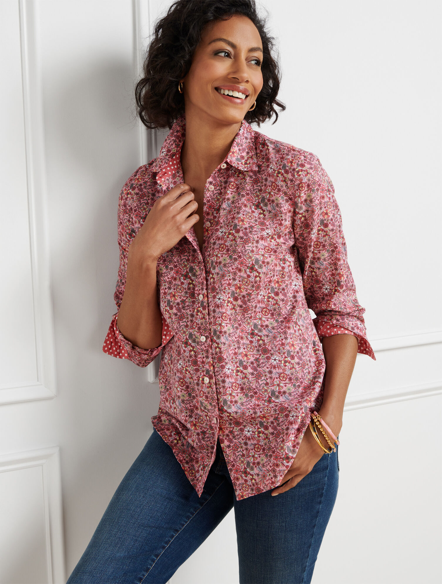 Cotton Button Front Shirt Pinwheel Floral Talbots