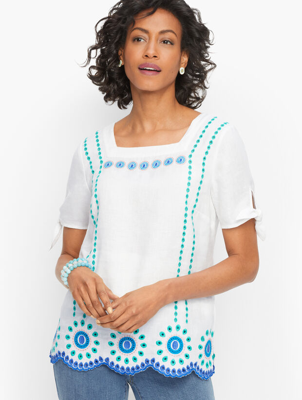Linen Embroidered Square Neck Top