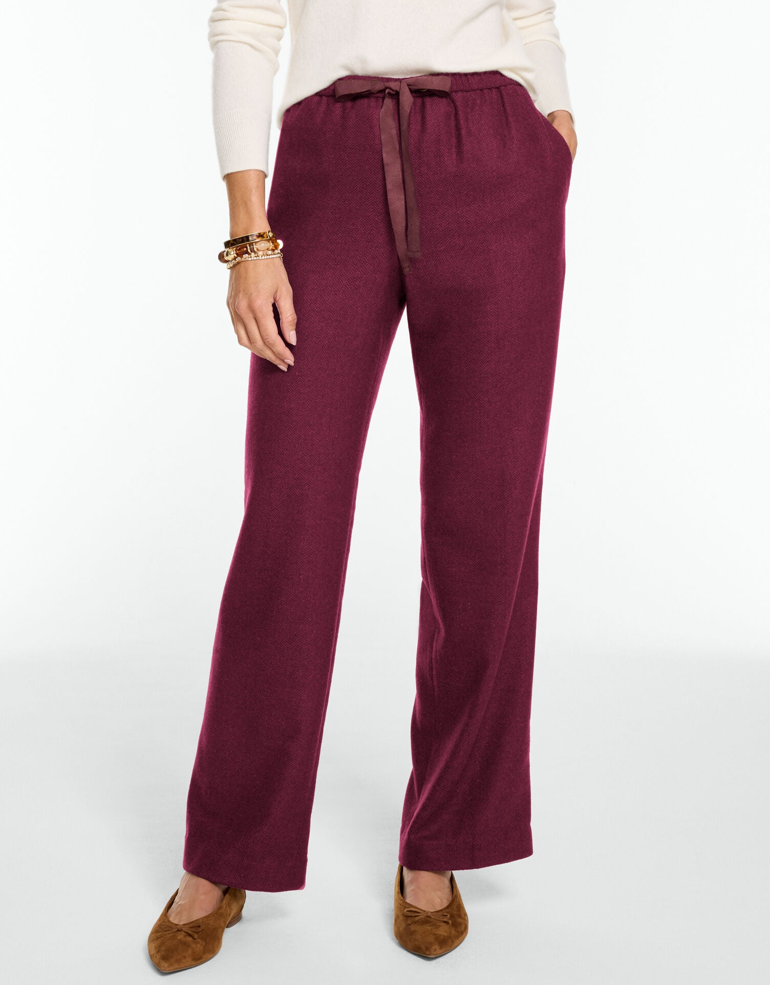 Wool Blend Straight Leg Herringbone Pull-On Pants