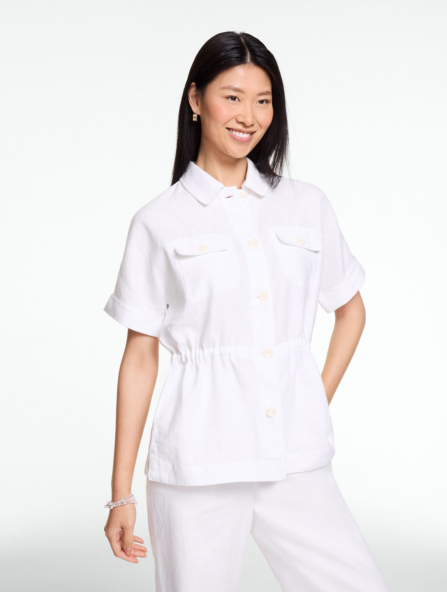 Washed Linen Cinched Shirt Jacket